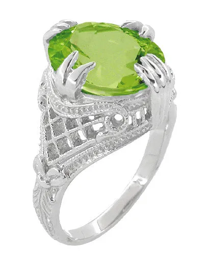Art Deco Filigree 5.5 Carat Large Oval Peridot Statement Ring in 14 Karat White Gold