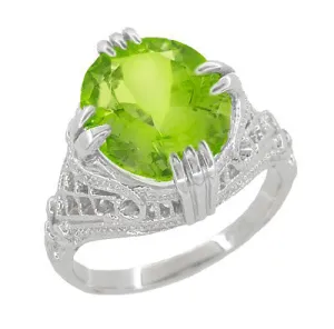 Art Deco Filigree 5.5 Carat Large Oval Peridot Statement Ring in 14 Karat White Gold
