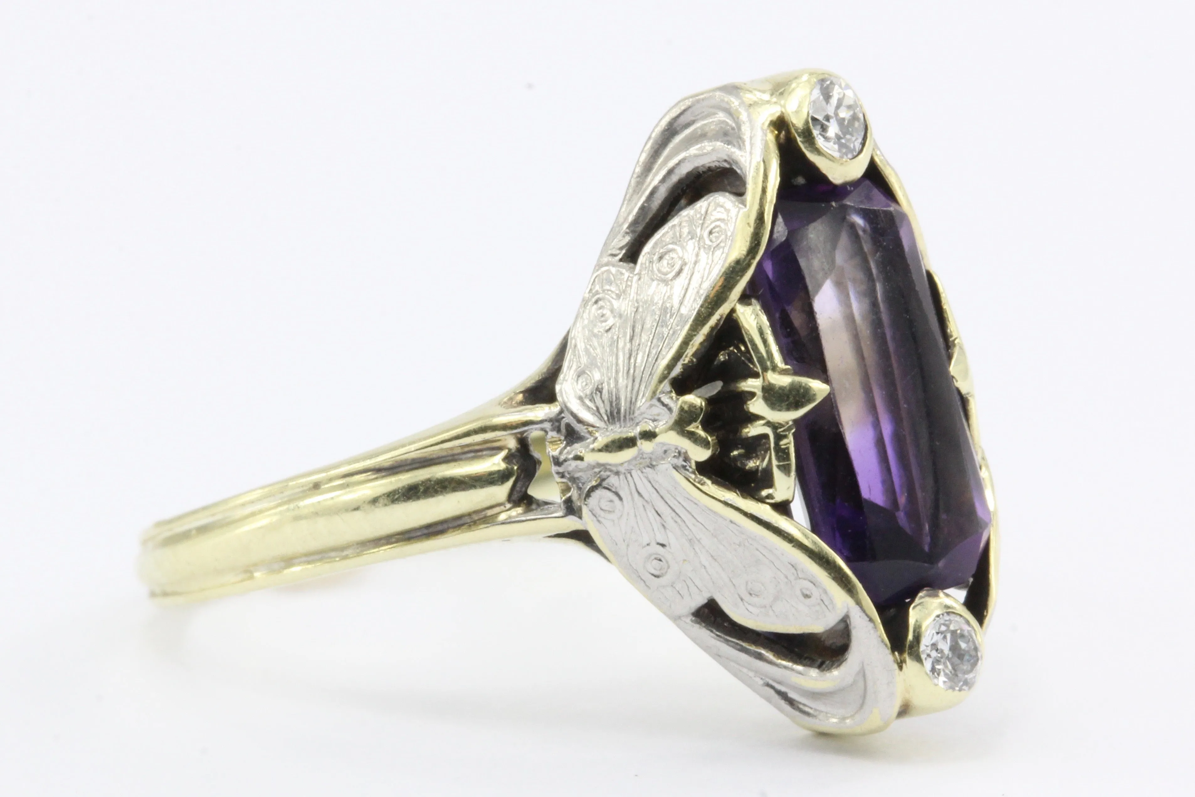 Art Nouveau Allsopp Bros. 14K Multi-tone Gold Butterfly Amethyst Ring c.1900