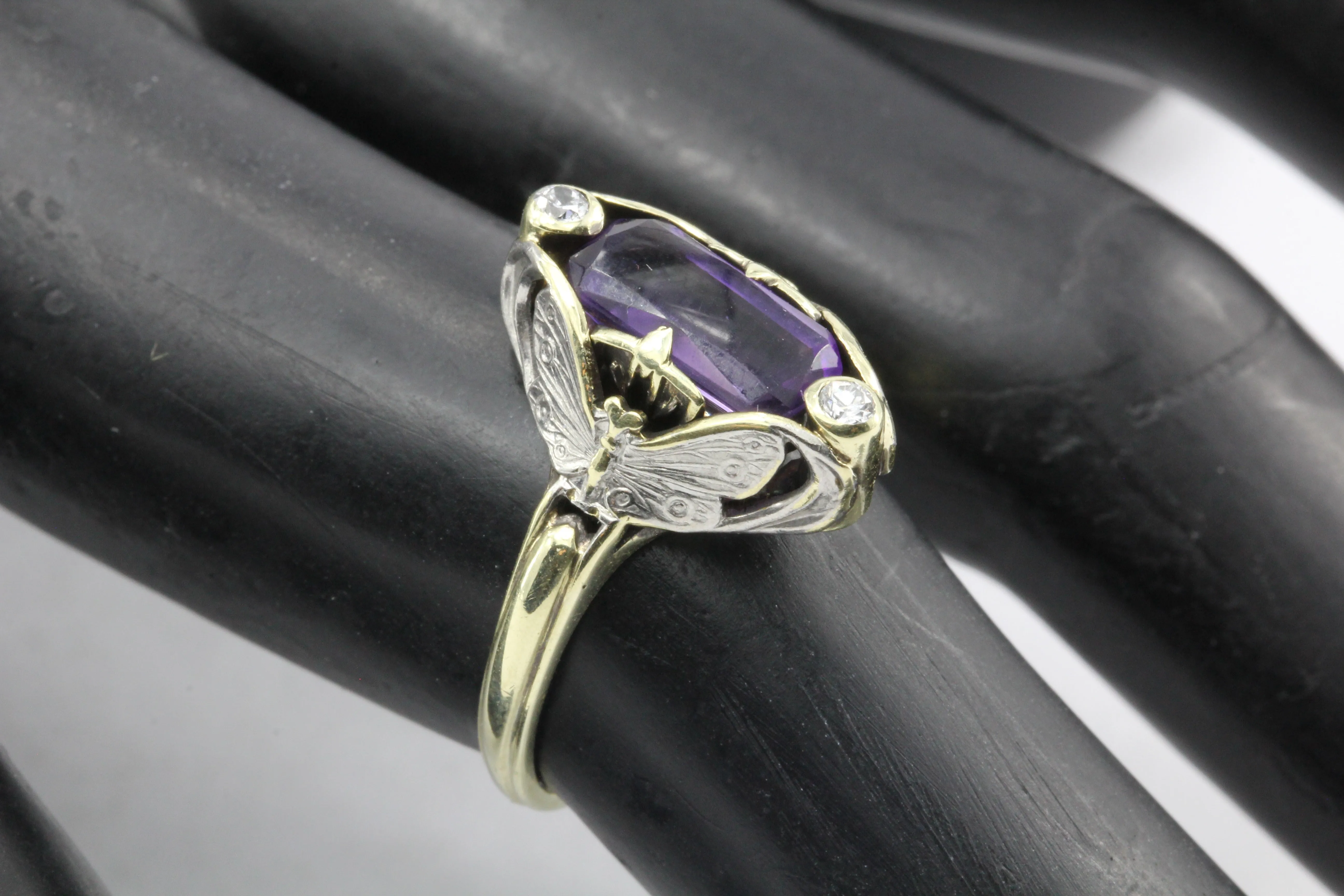 Art Nouveau Allsopp Bros. 14K Multi-tone Gold Butterfly Amethyst Ring c.1900