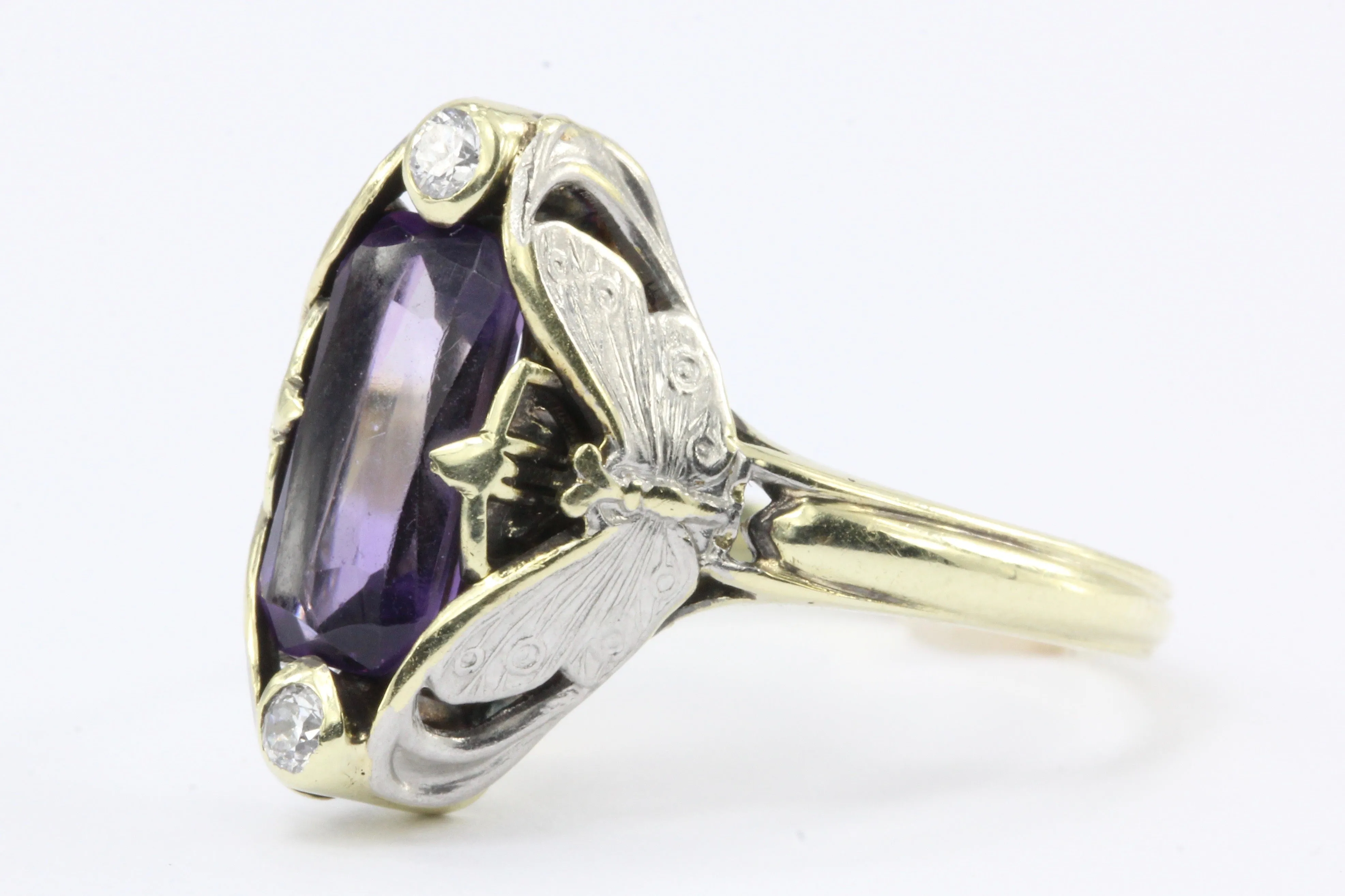 Art Nouveau Allsopp Bros. 14K Multi-tone Gold Butterfly Amethyst Ring c.1900
