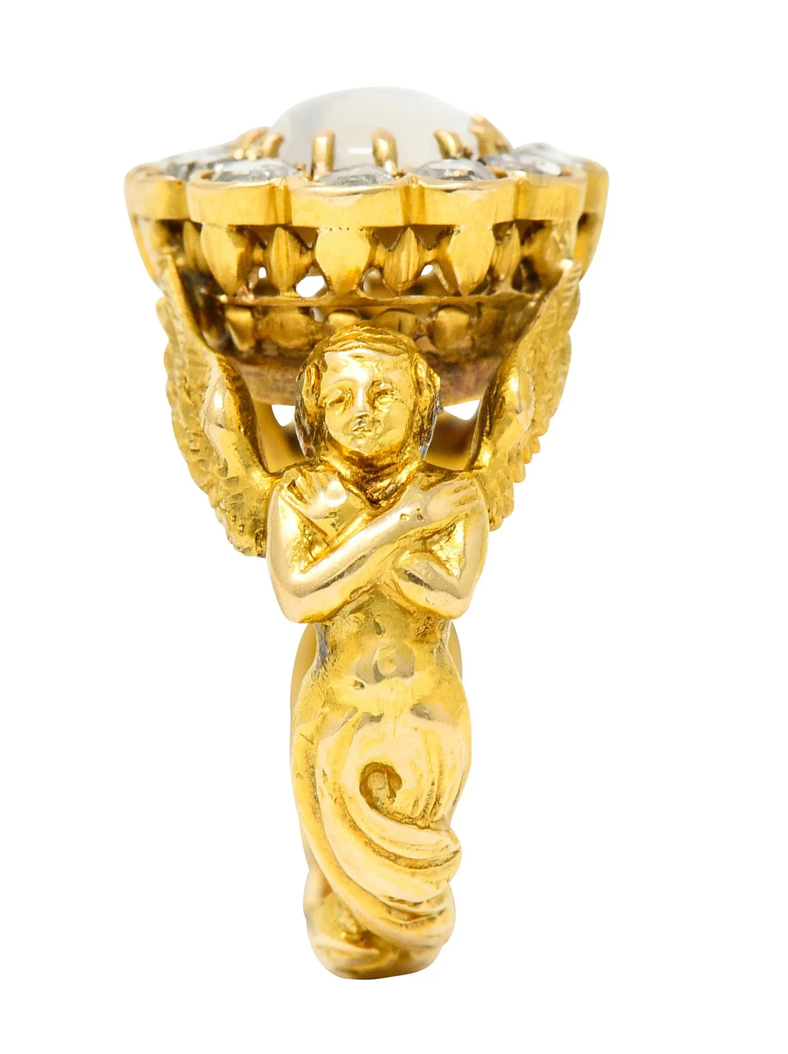 Art Nouveau Moonstone Diamond 18 Karat Gold Mythological Nike Victory Unisex Men’s Ring
