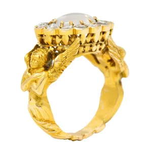 Art Nouveau Moonstone Diamond 18 Karat Gold Mythological Nike Victory Unisex Men’s Ring