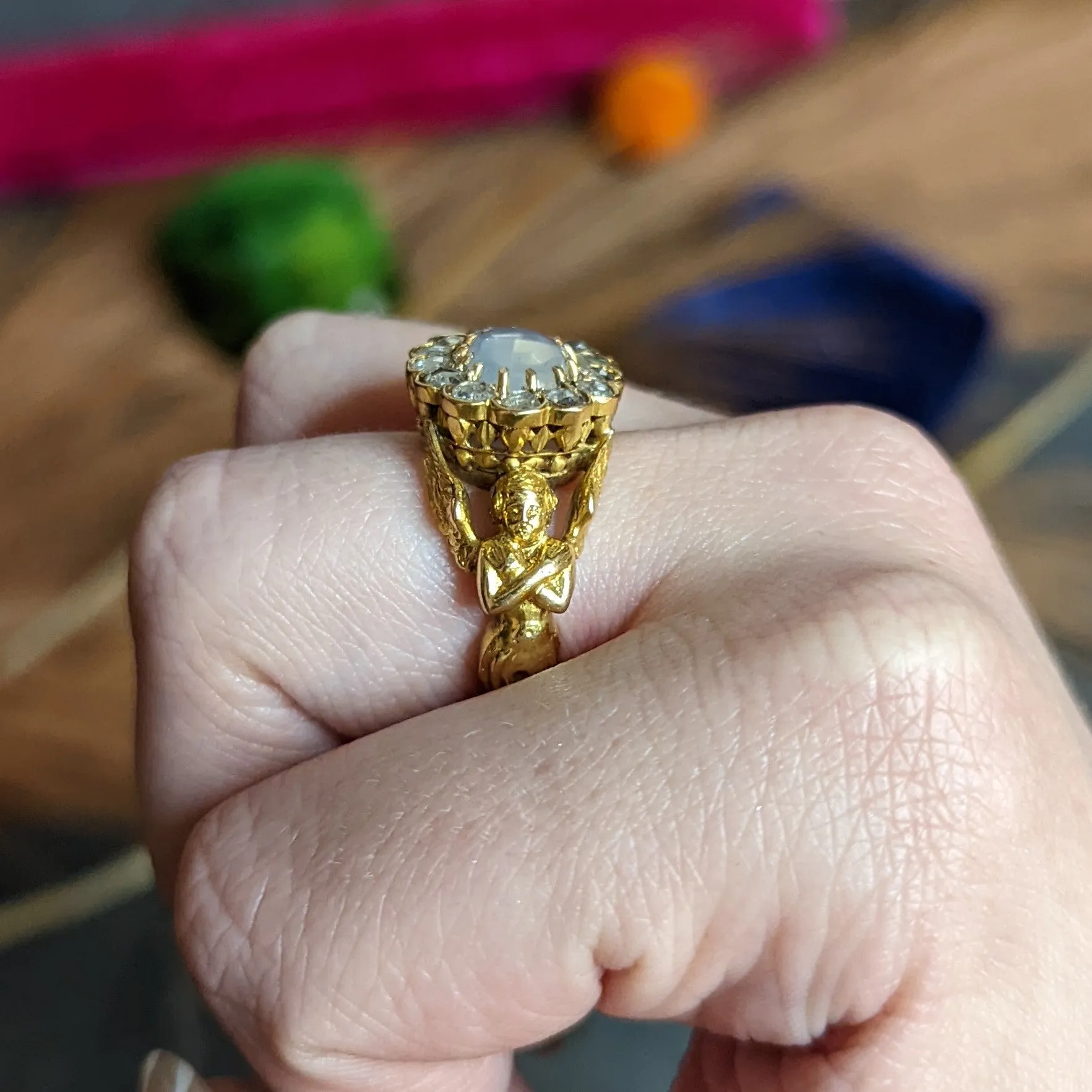 Art Nouveau Moonstone Diamond 18 Karat Gold Mythological Nike Victory Unisex Men’s Ring