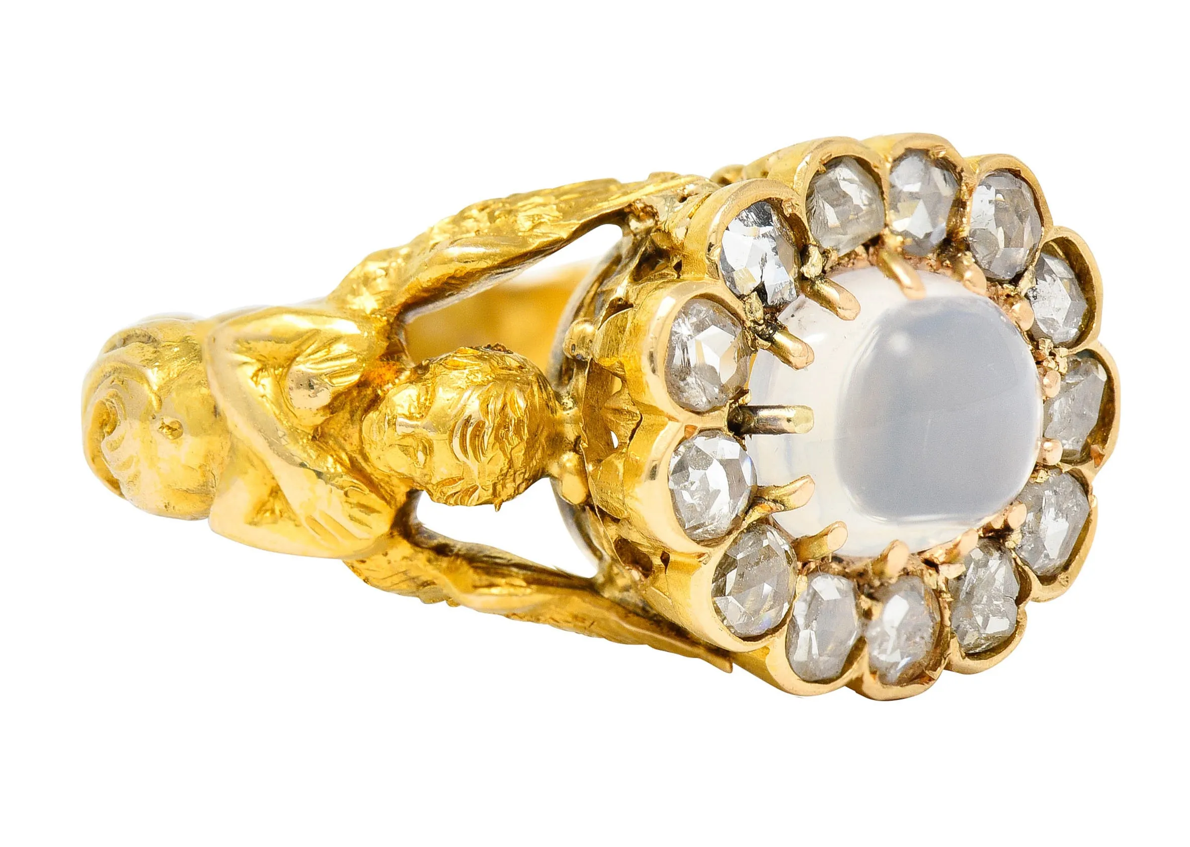 Art Nouveau Moonstone Diamond 18 Karat Gold Mythological Nike Victory Unisex Men’s Ring