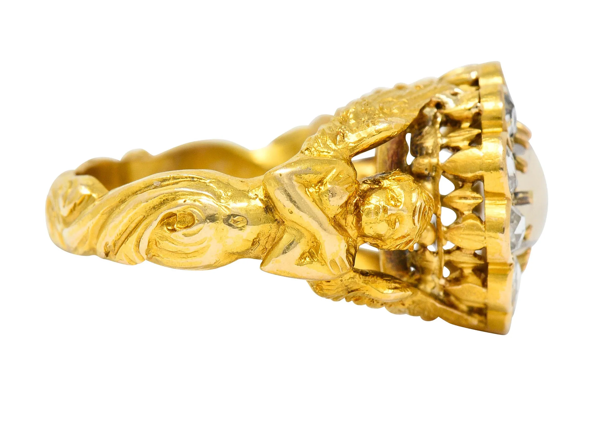 Art Nouveau Moonstone Diamond 18 Karat Gold Mythological Nike Victory Unisex Men’s Ring
