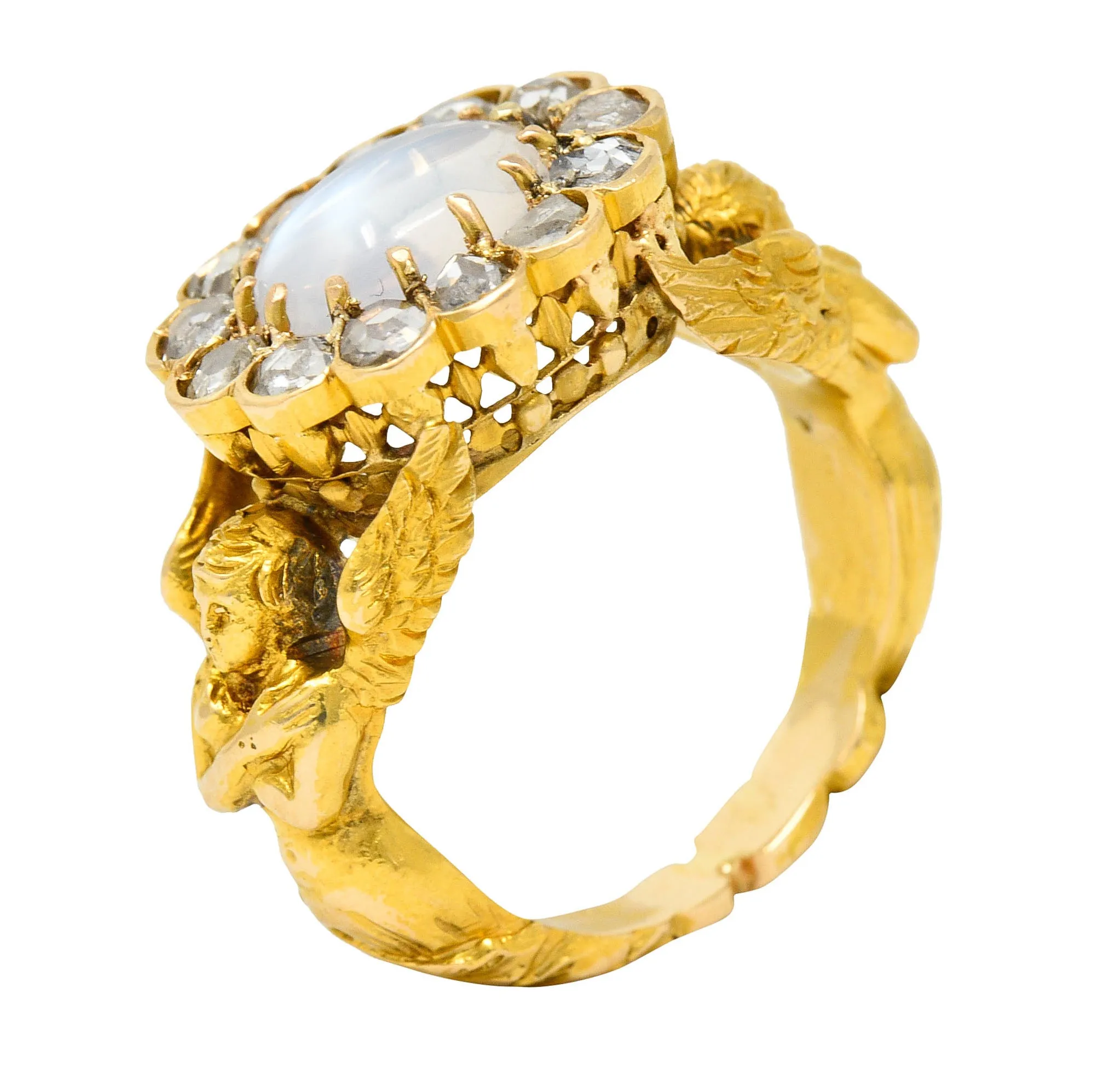 Art Nouveau Moonstone Diamond 18 Karat Gold Mythological Nike Victory Unisex Men’s Ring