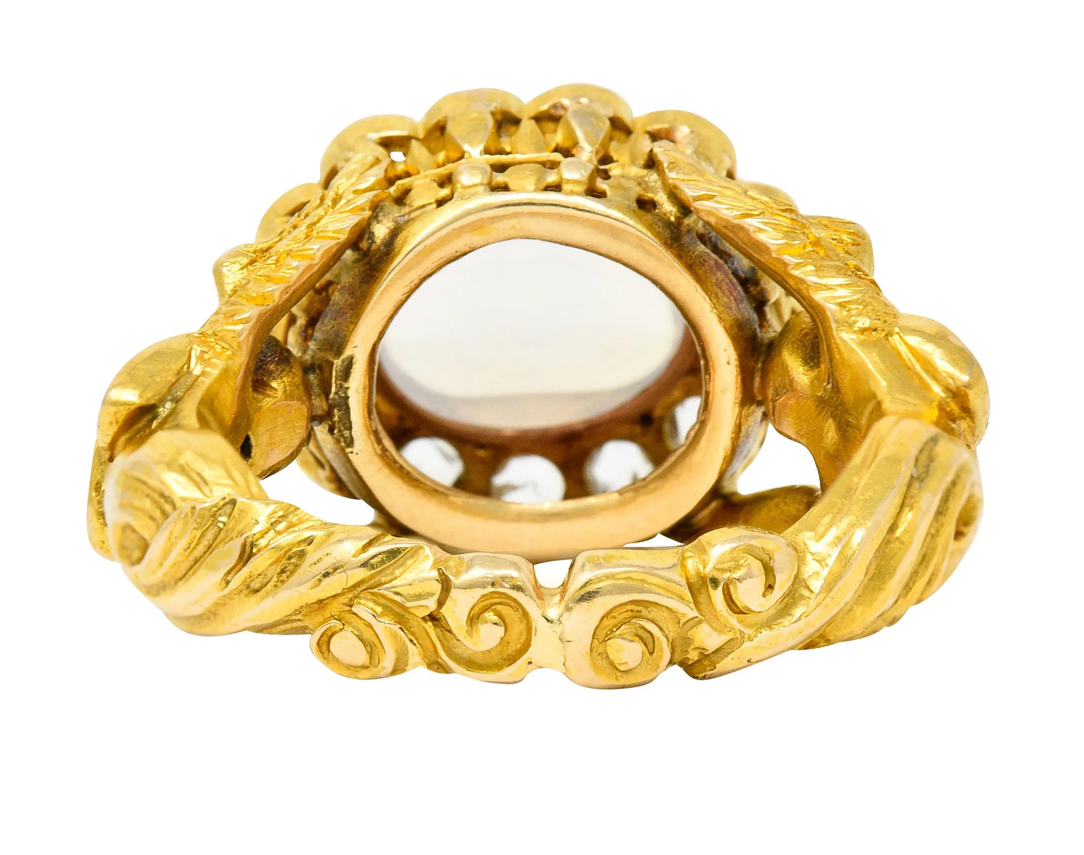 Art Nouveau Moonstone Diamond 18 Karat Gold Mythological Nike Victory Unisex Men’s Ring