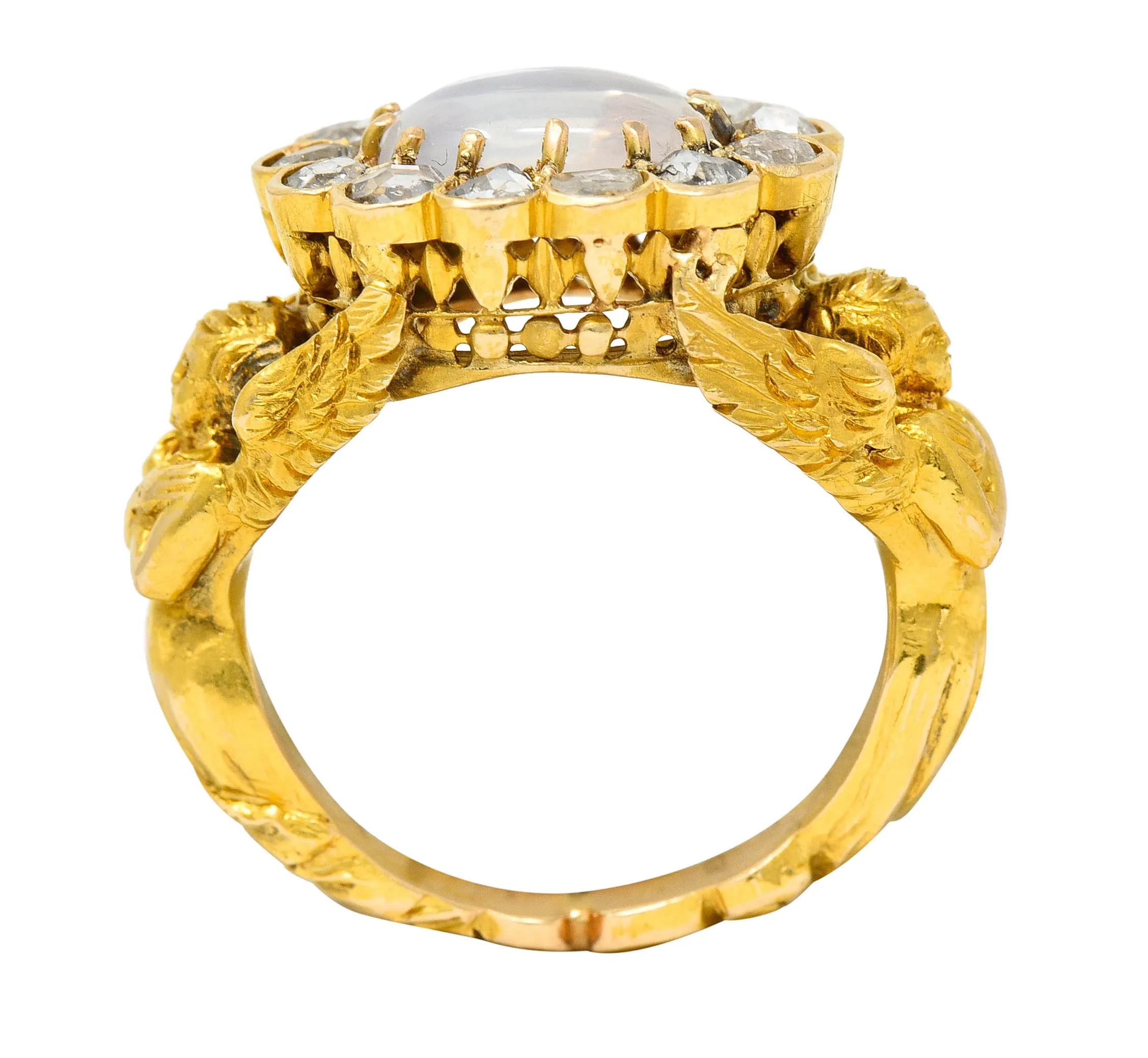 Art Nouveau Moonstone Diamond 18 Karat Gold Mythological Nike Victory Unisex Men’s Ring