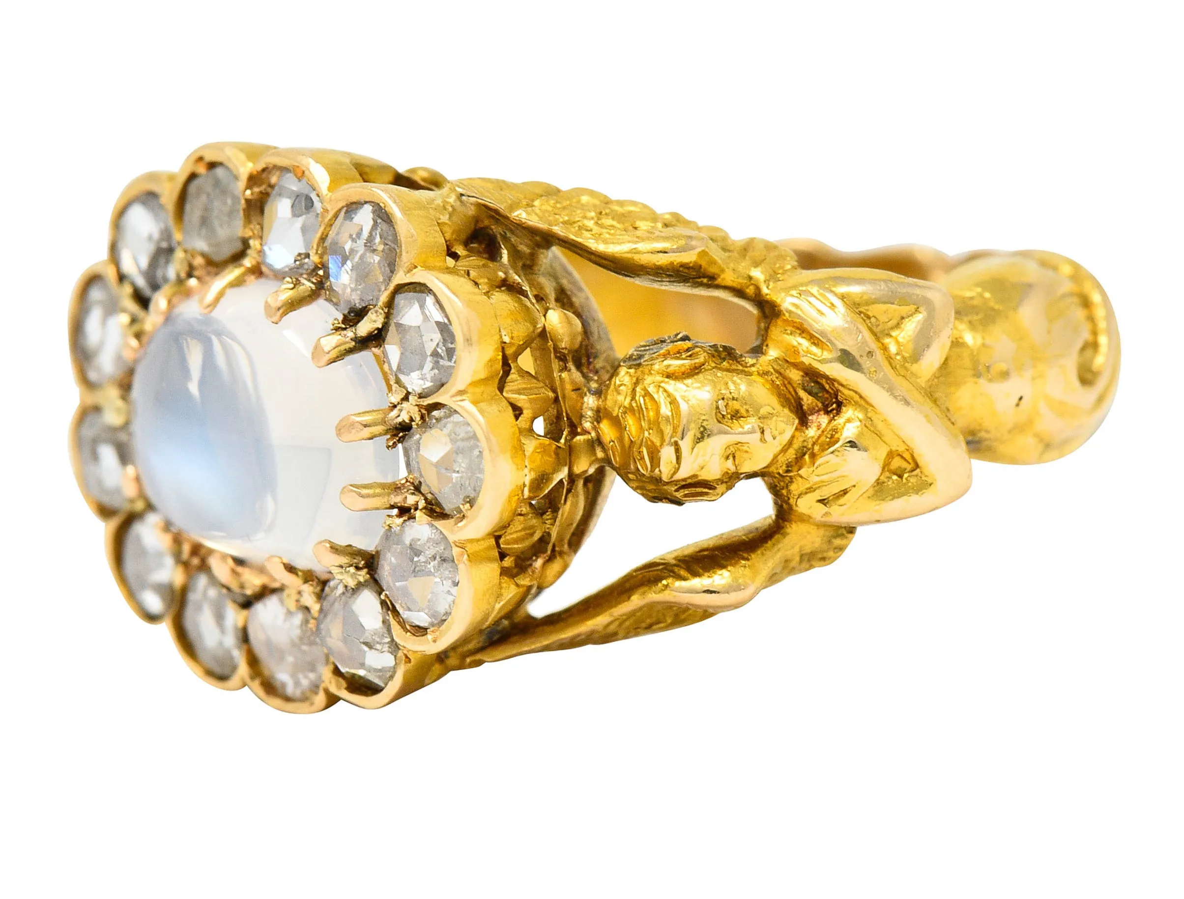 Art Nouveau Moonstone Diamond 18 Karat Gold Mythological Nike Victory Unisex Men’s Ring