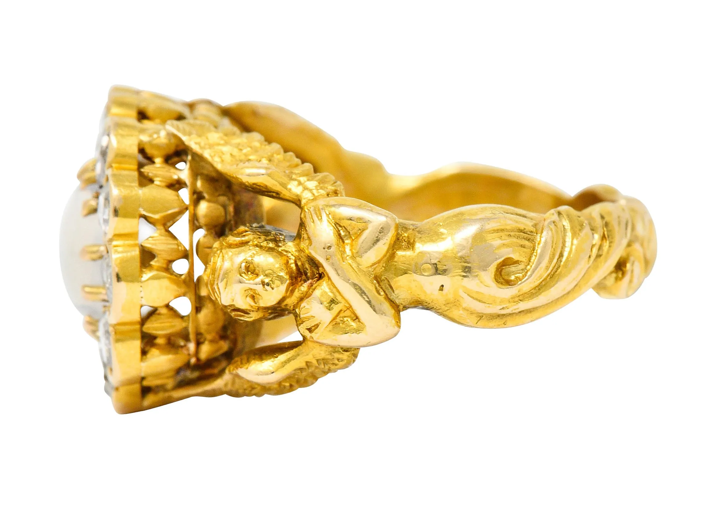 Art Nouveau Moonstone Diamond 18 Karat Gold Mythological Nike Victory Unisex Men’s Ring