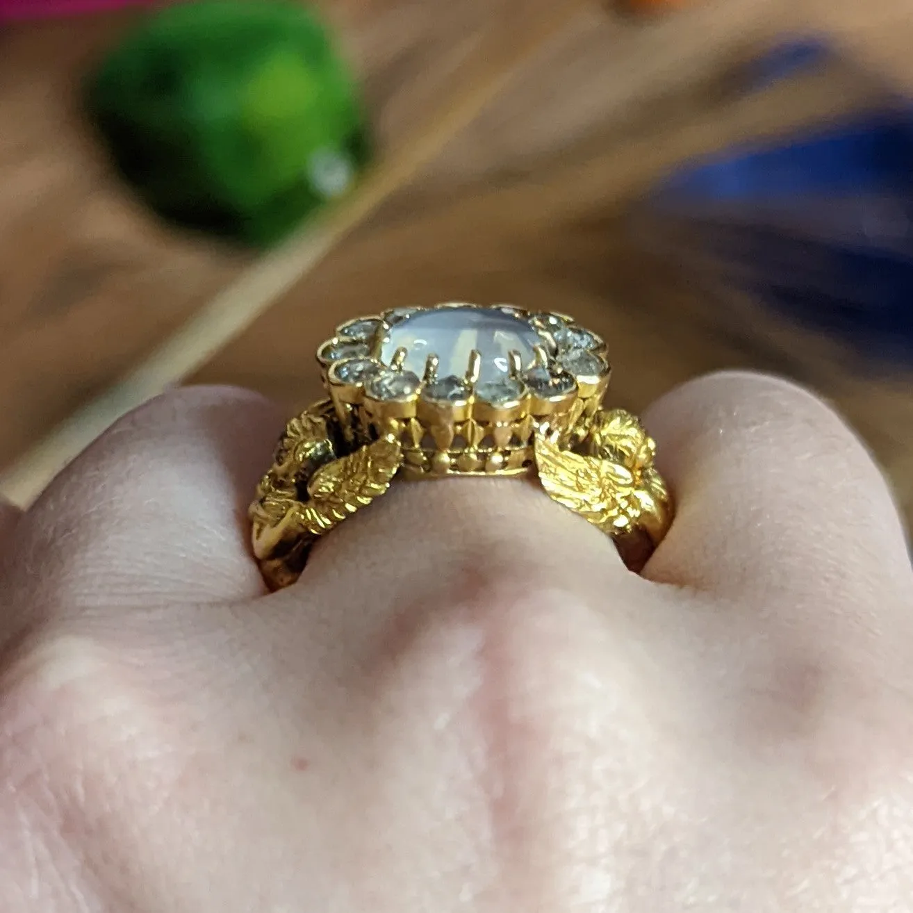 Art Nouveau Moonstone Diamond 18 Karat Gold Mythological Nike Victory Unisex Men’s Ring