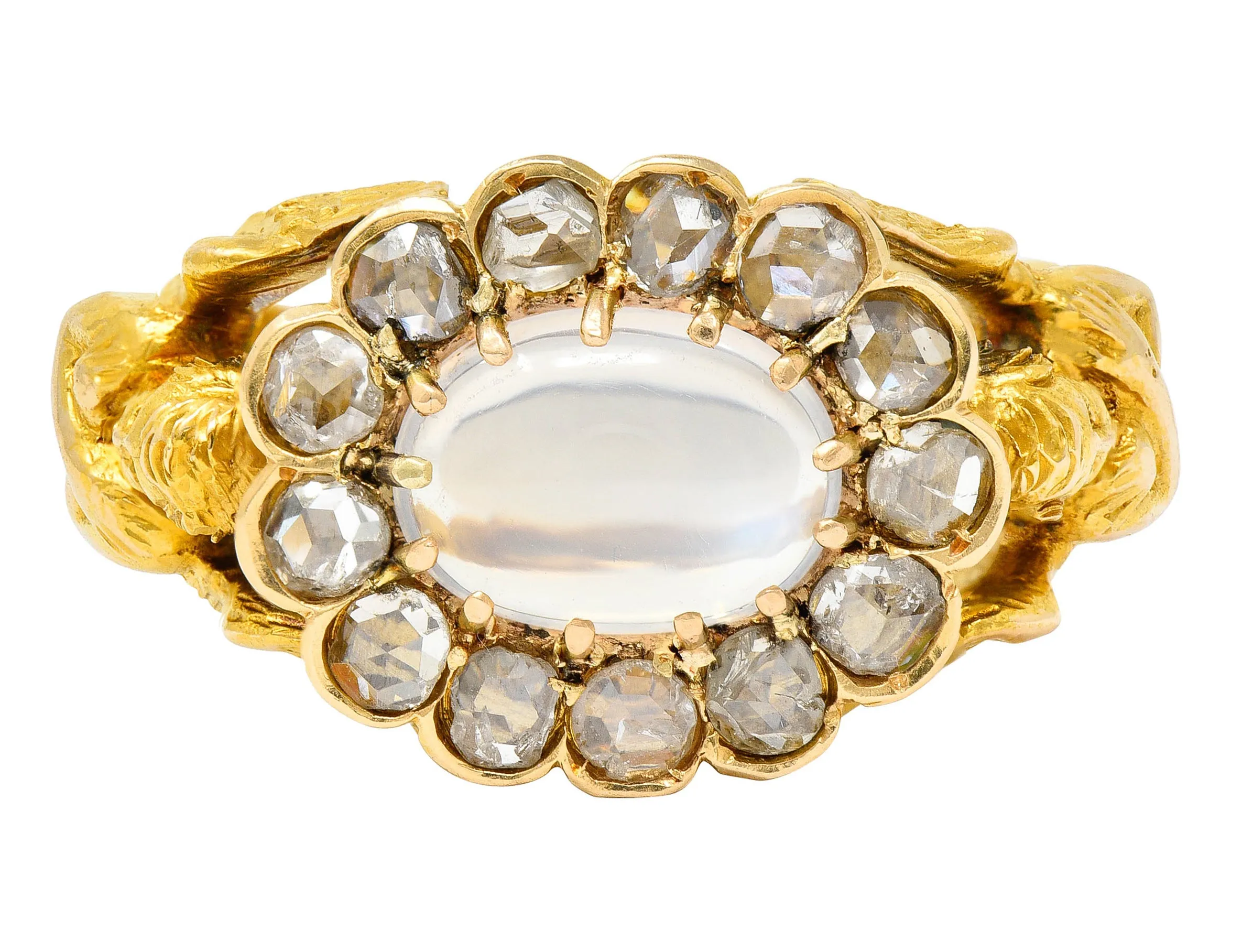 Art Nouveau Moonstone Diamond 18 Karat Gold Mythological Nike Victory Unisex Men’s Ring