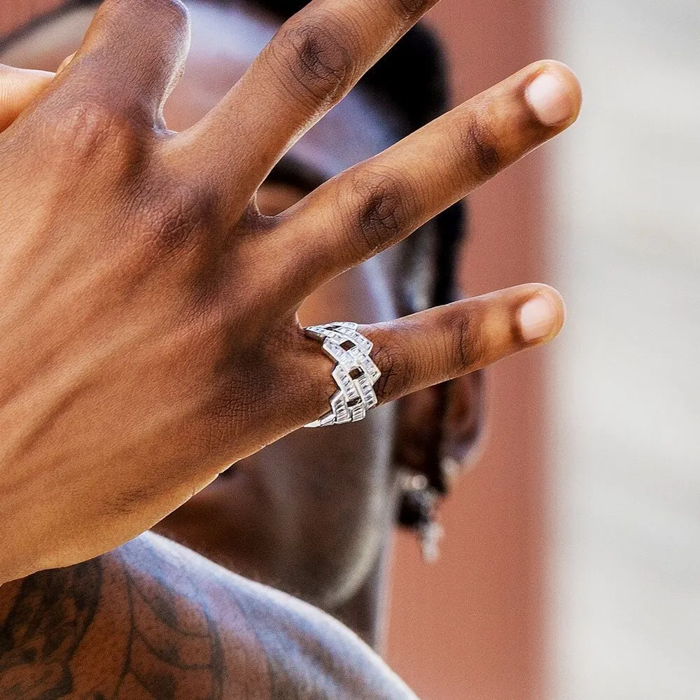 Baguette Cut Iced Out CZ Diamond Ring in White Gold