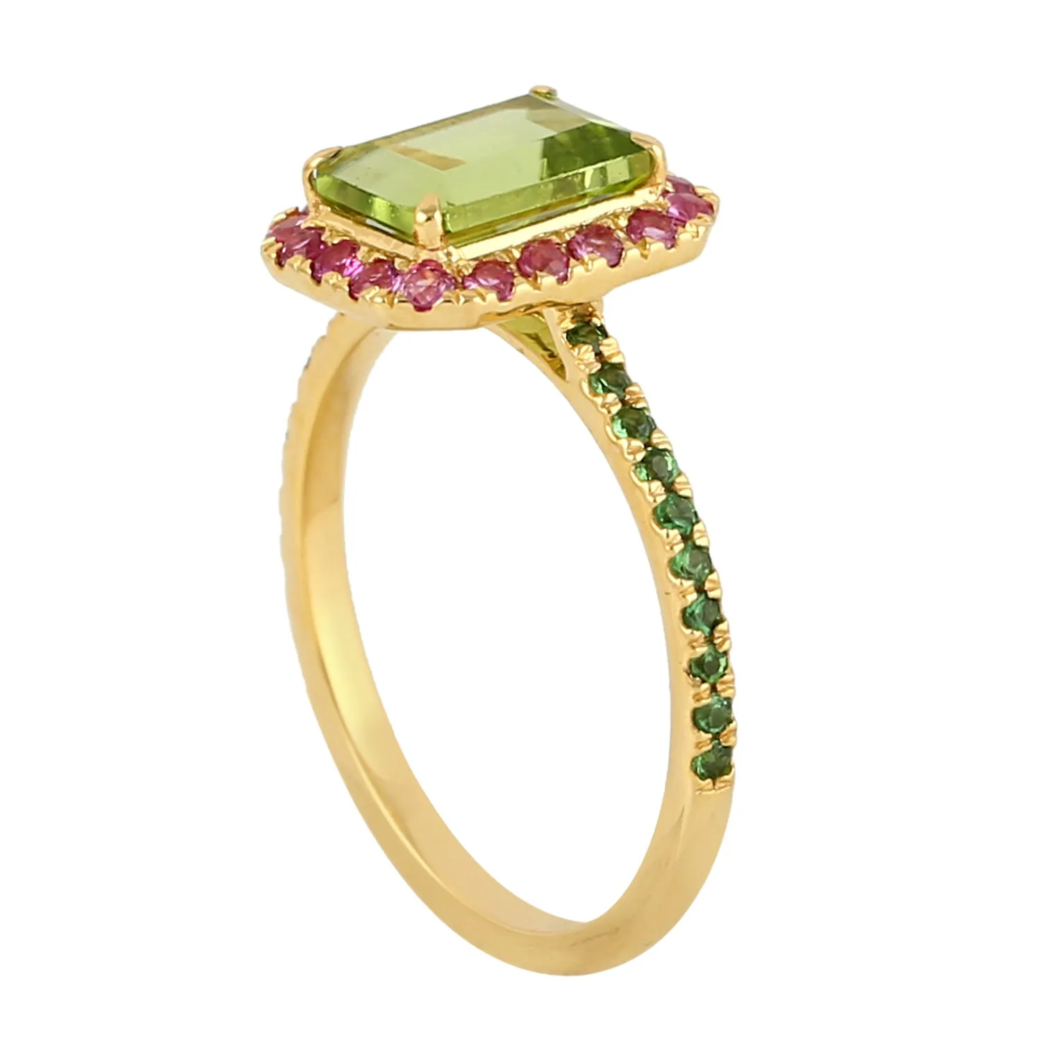 Baguette Cut Peridot Pink Sapphire Tsavorite Solitaire Ring In 18k Yellow Gold