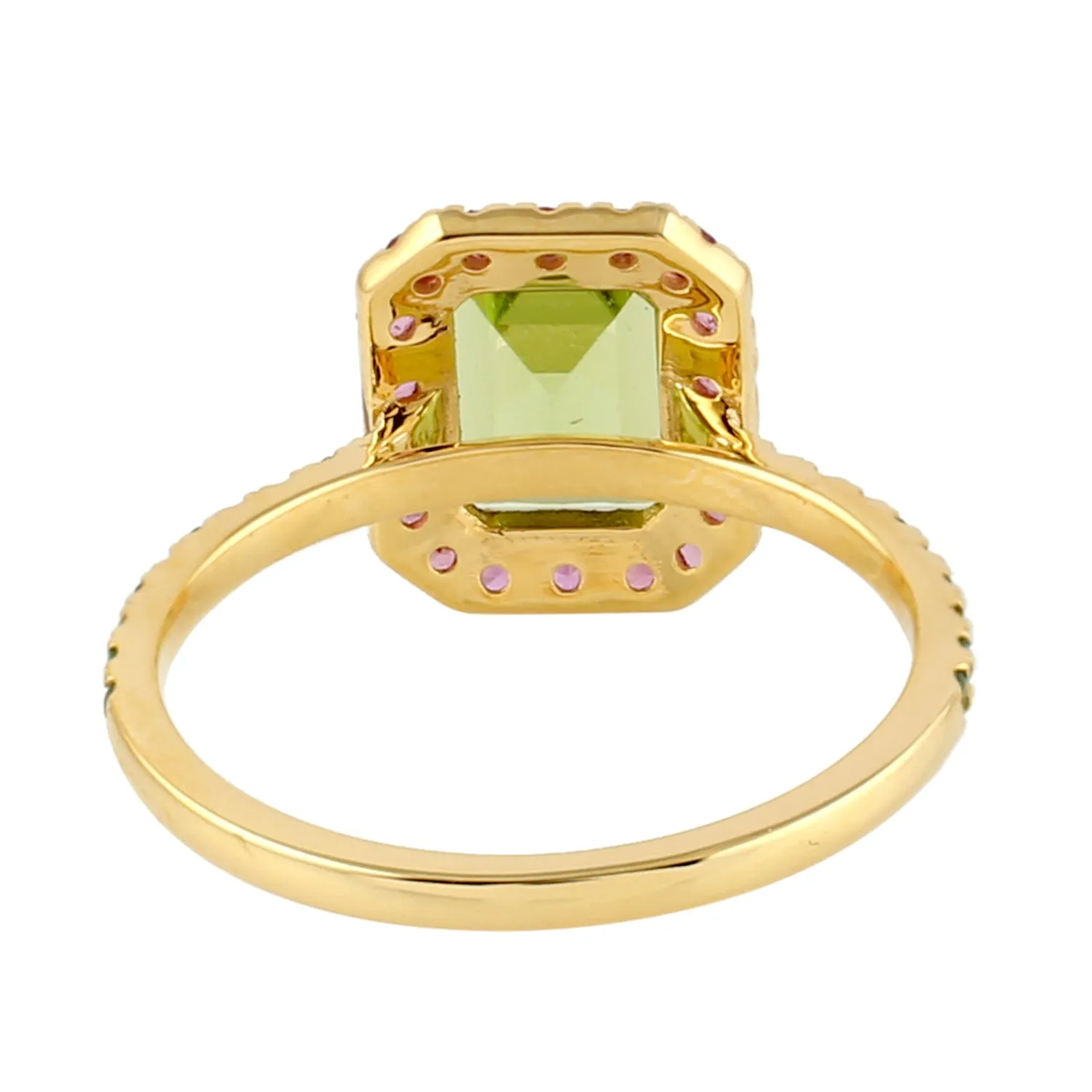 Baguette Cut Peridot Pink Sapphire Tsavorite Solitaire Ring In 18k Yellow Gold