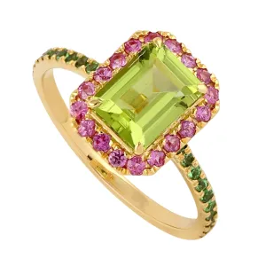 Baguette Cut Peridot Pink Sapphire Tsavorite Solitaire Ring In 18k Yellow Gold