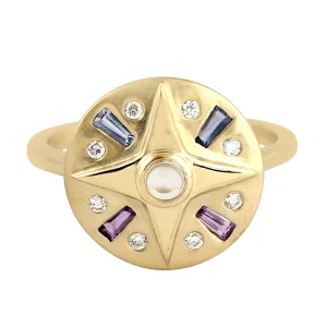 Baguette Sapphire Tanzanite Amethyst Iolite Quartz Rose Bezel Diamond In Gold Designer Ring