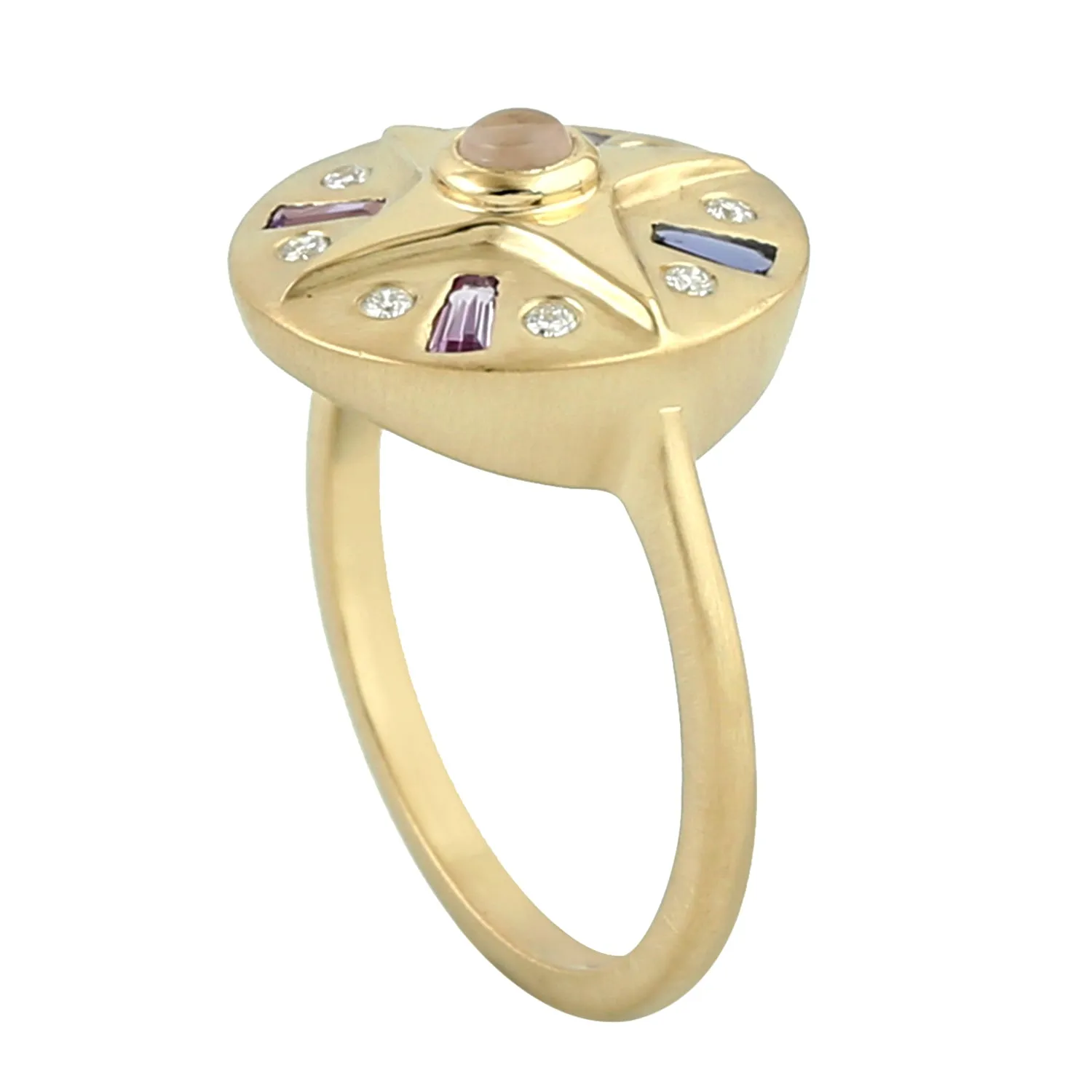Baguette Sapphire Tanzanite Amethyst Iolite Quartz Rose Bezel Diamond In Gold Designer Ring