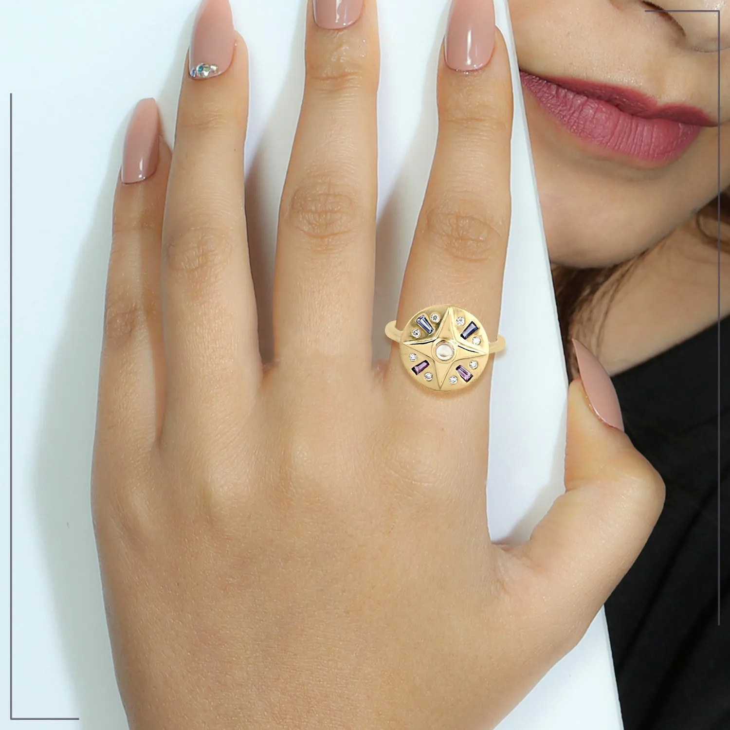 Baguette Sapphire Tanzanite Amethyst Iolite Quartz Rose Bezel Diamond In Gold Designer Ring