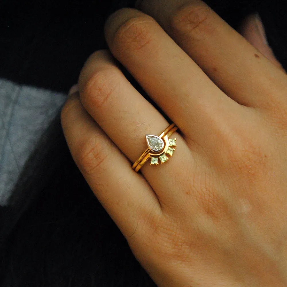 Bezel Pear Diamond Ring and Green Peridot Square Band
