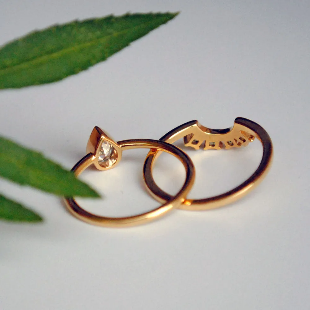 Bezel Pear Diamond Ring and Green Peridot Square Band