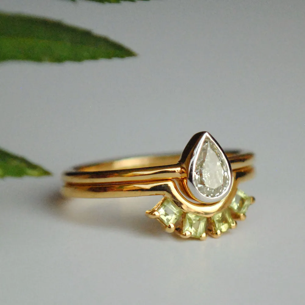 Bezel Pear Diamond Ring and Green Peridot Square Band