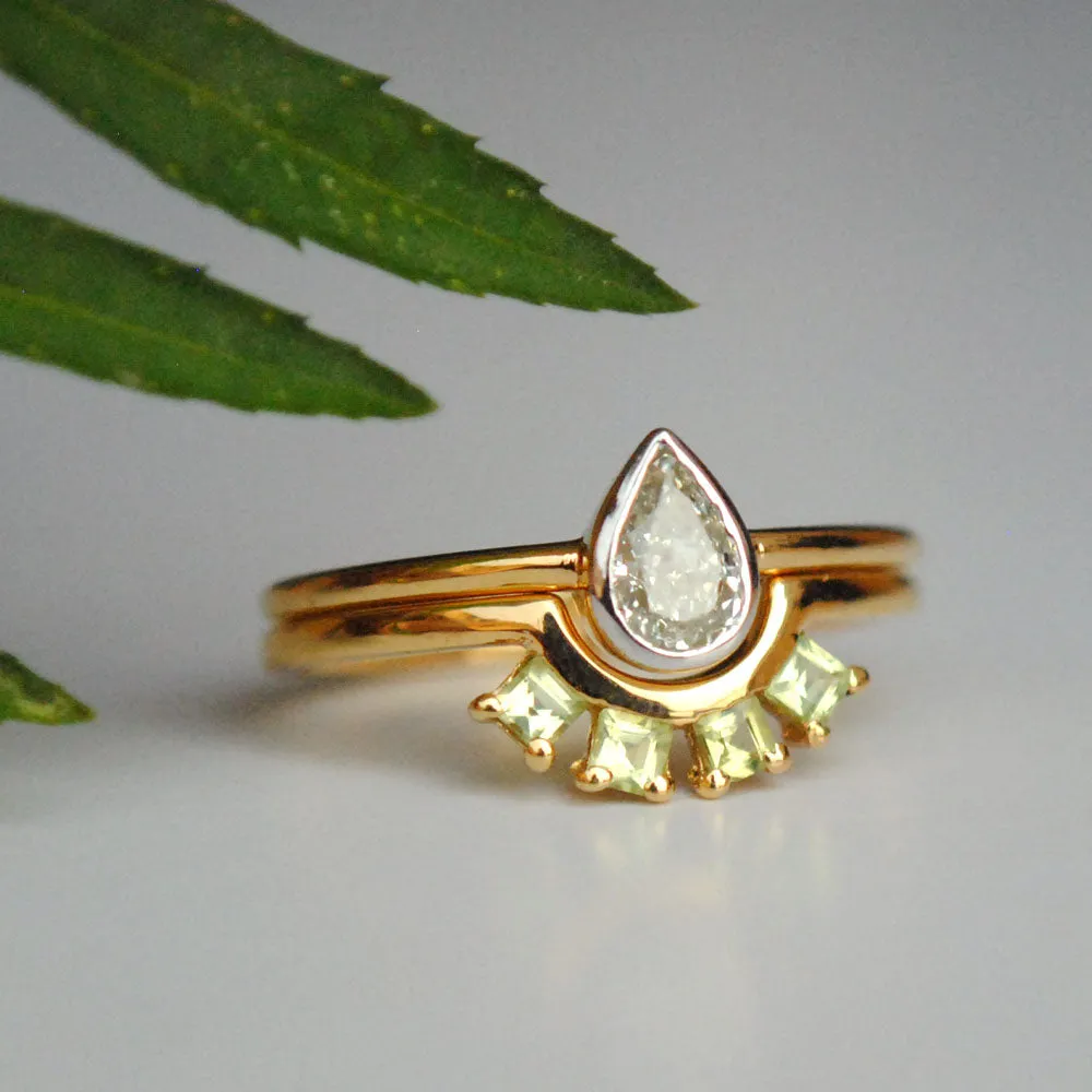 Bezel Pear Diamond Ring and Green Peridot Square Band
