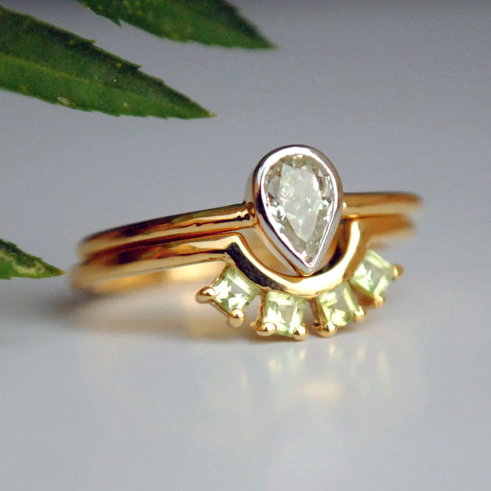 Bezel Pear Diamond Ring and Green Peridot Square Band