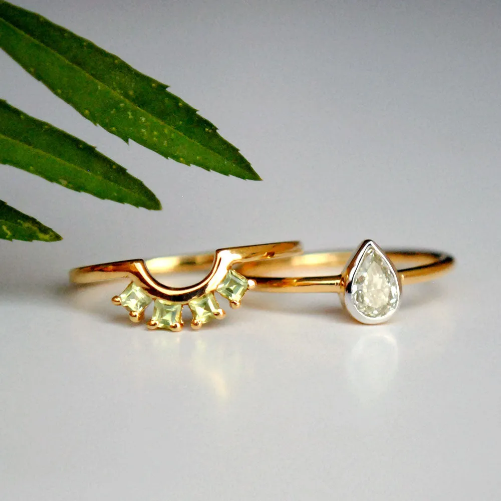 Bezel Pear Diamond Ring and Green Peridot Square Band