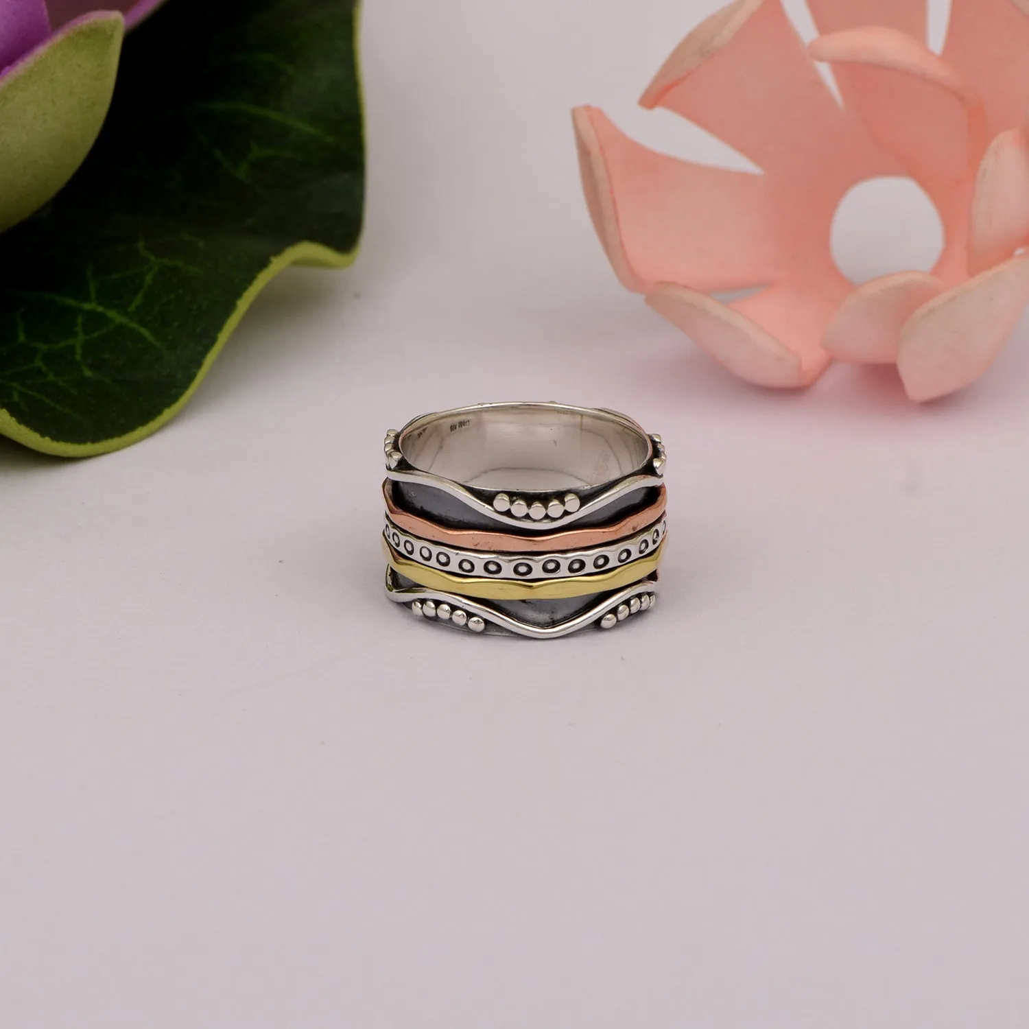 Black Engraved Multi Color Band Meditation Spinner Ring