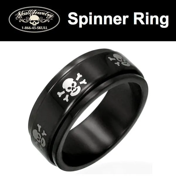 Black Steel Skulls Fidget Spinner Ring (#m0023)