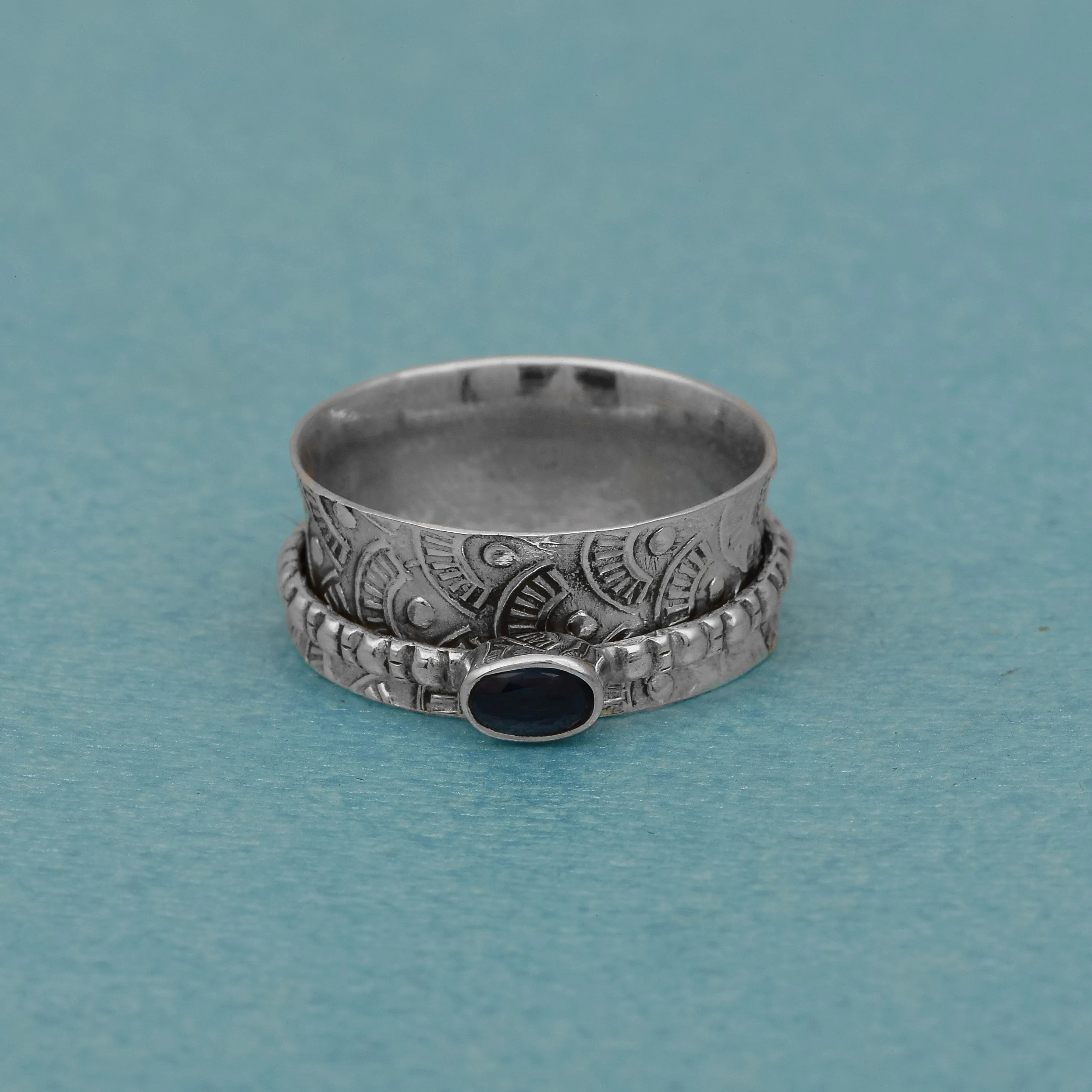 Blue CZ Two Banded Spinner Ring
