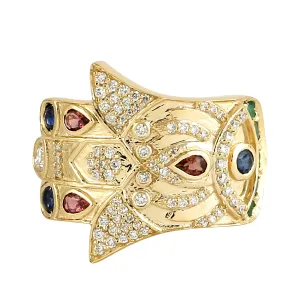Blue Sapphire Bezel Pink Tourmaline Round Emerald Pave Diamond Wedding Ring 14k Yellow Gold