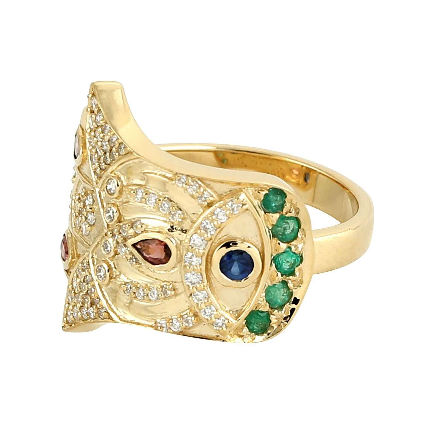 Blue Sapphire Bezel Pink Tourmaline Round Emerald Pave Diamond Wedding Ring 14k Yellow Gold