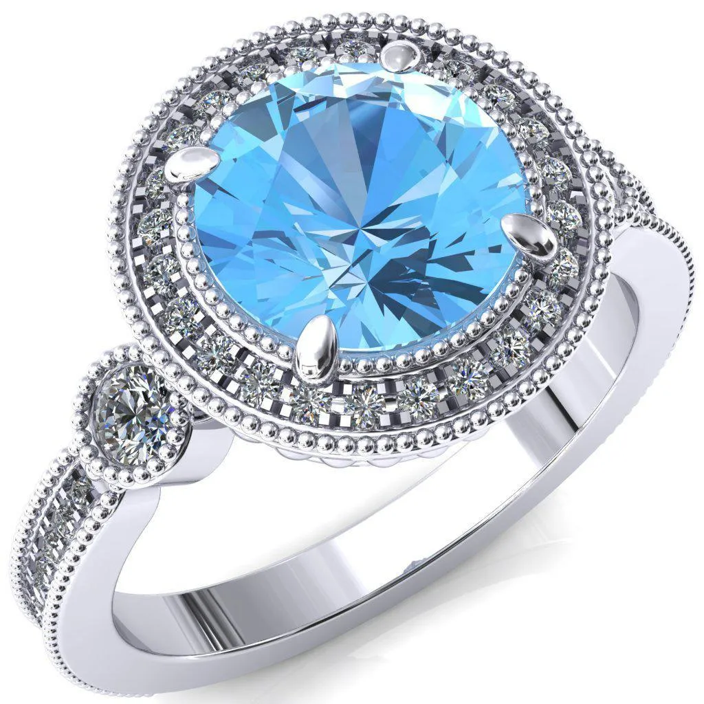 Brachium Round Aqua Blue Spinel 4 Claw Prong Diamond Halo 3/4 Micro Channel Engagement Ring