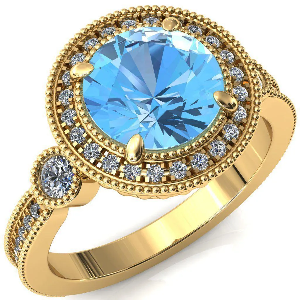 Brachium Round Aqua Blue Spinel 4 Claw Prong Diamond Halo 3/4 Micro Channel Engagement Ring