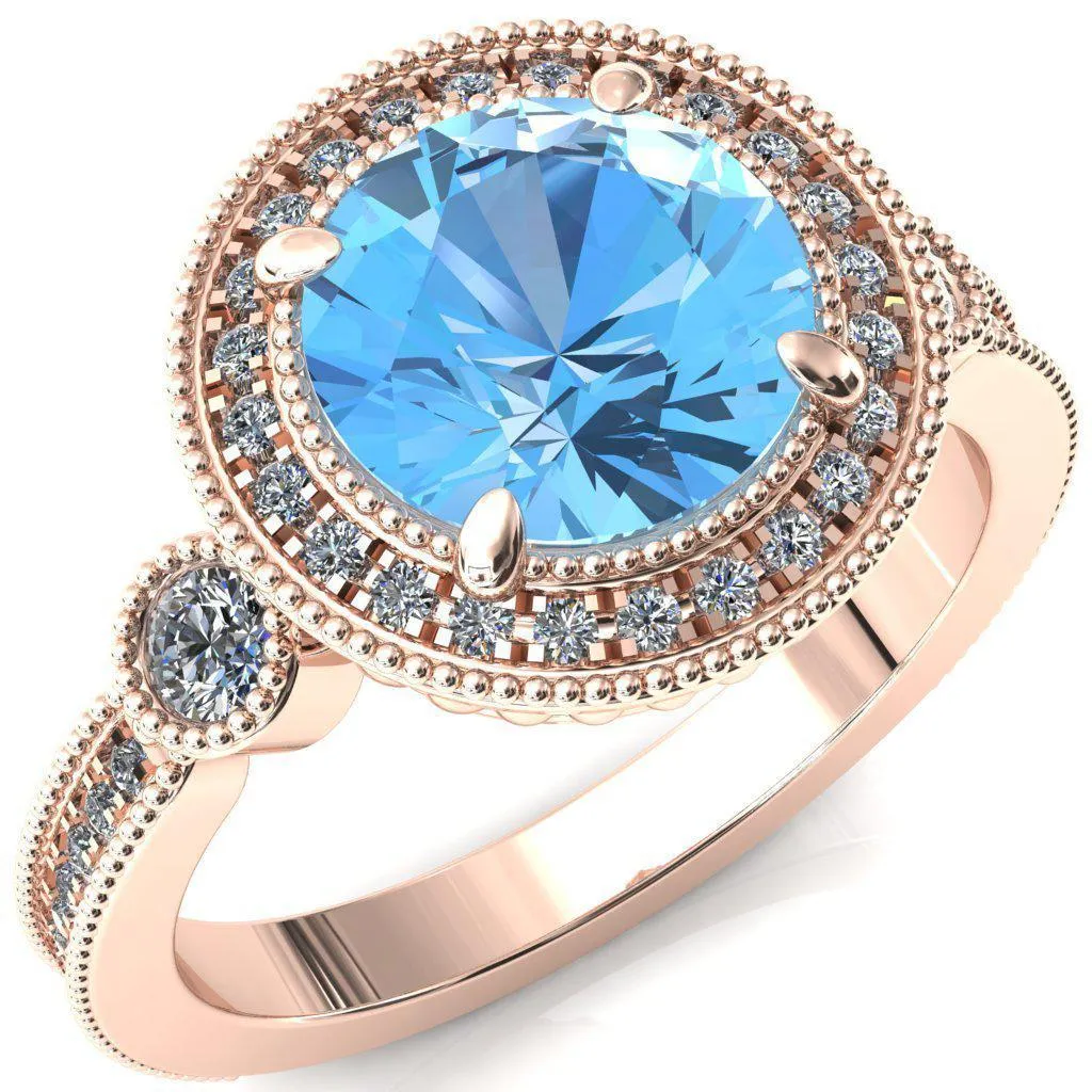 Brachium Round Aqua Blue Spinel 4 Claw Prong Diamond Halo 3/4 Micro Channel Engagement Ring