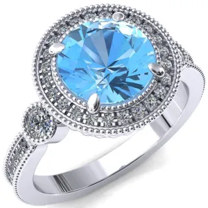 Brachium Round Aqua Blue Spinel 4 Claw Prong Diamond Halo 3/4 Micro Channel Engagement Ring