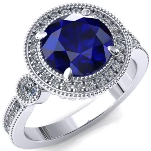 Brachium Round Blue Sapphire 4 Claw Prong Diamond Halo 3/4 Micro Channel Engagement Ring