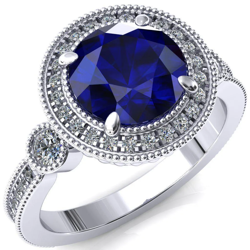 Brachium Round Blue Sapphire 4 Claw Prong Diamond Halo 3/4 Micro Channel Engagement Ring