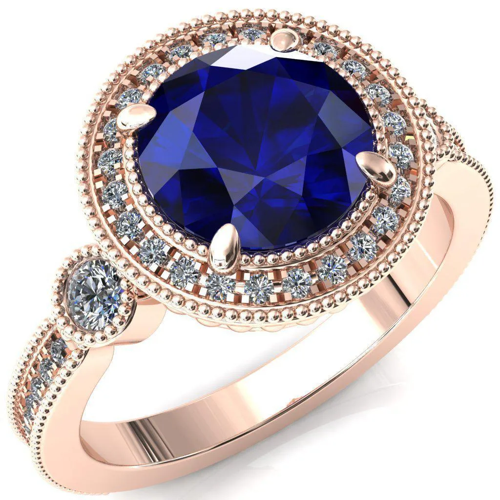 Brachium Round Blue Sapphire 4 Claw Prong Diamond Halo 3/4 Micro Channel Engagement Ring