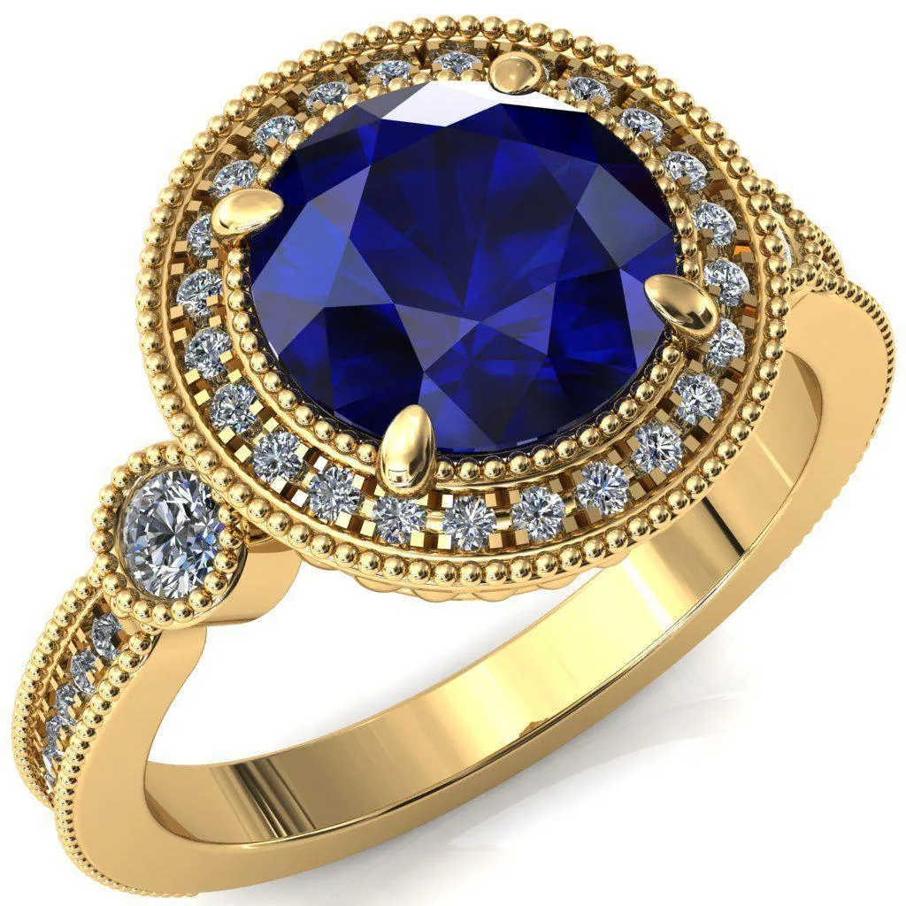 Brachium Round Blue Sapphire 4 Claw Prong Diamond Halo 3/4 Micro Channel Engagement Ring