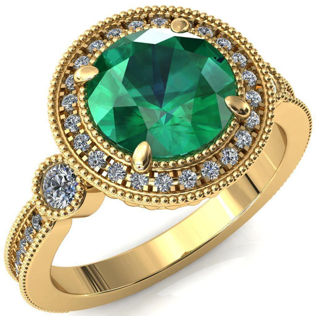 Brachium Round Emerald 4 Claw Prong Diamond Halo 3/4 Micro Channel Engagement Ring