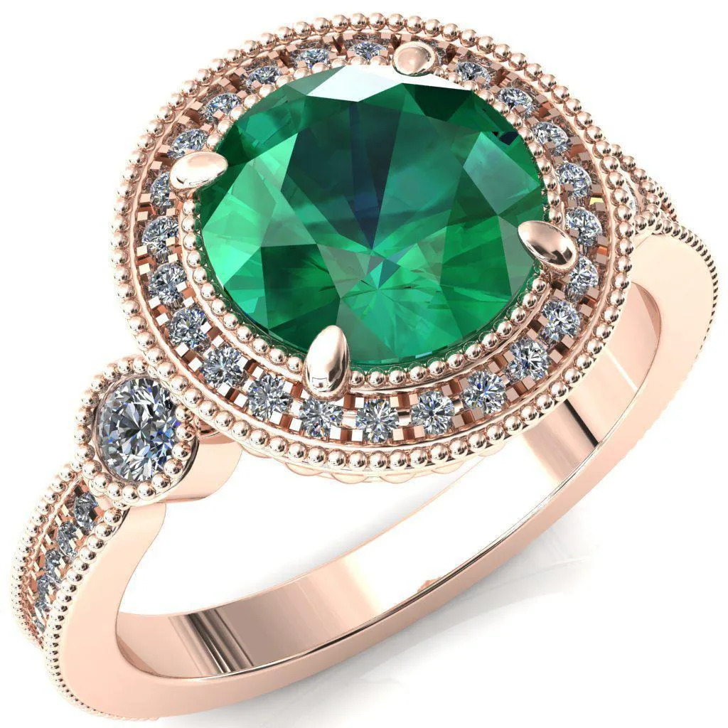 Brachium Round Emerald 4 Claw Prong Diamond Halo 3/4 Micro Channel Engagement Ring
