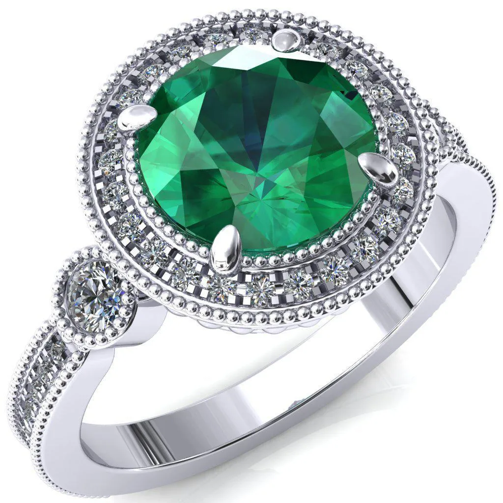 Brachium Round Emerald 4 Claw Prong Diamond Halo 3/4 Micro Channel Engagement Ring
