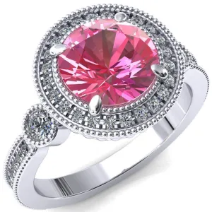 Brachium Round Pink Sapphire 4 Claw Prong Diamond Halo 3/4 Micro Channel Engagement Ring