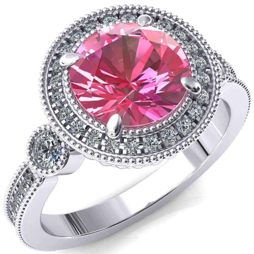 Brachium Round Pink Sapphire 4 Claw Prong Diamond Halo 3/4 Micro Channel Engagement Ring