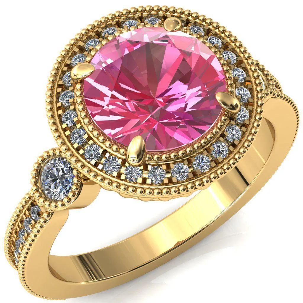 Brachium Round Pink Sapphire 4 Claw Prong Diamond Halo 3/4 Micro Channel Engagement Ring