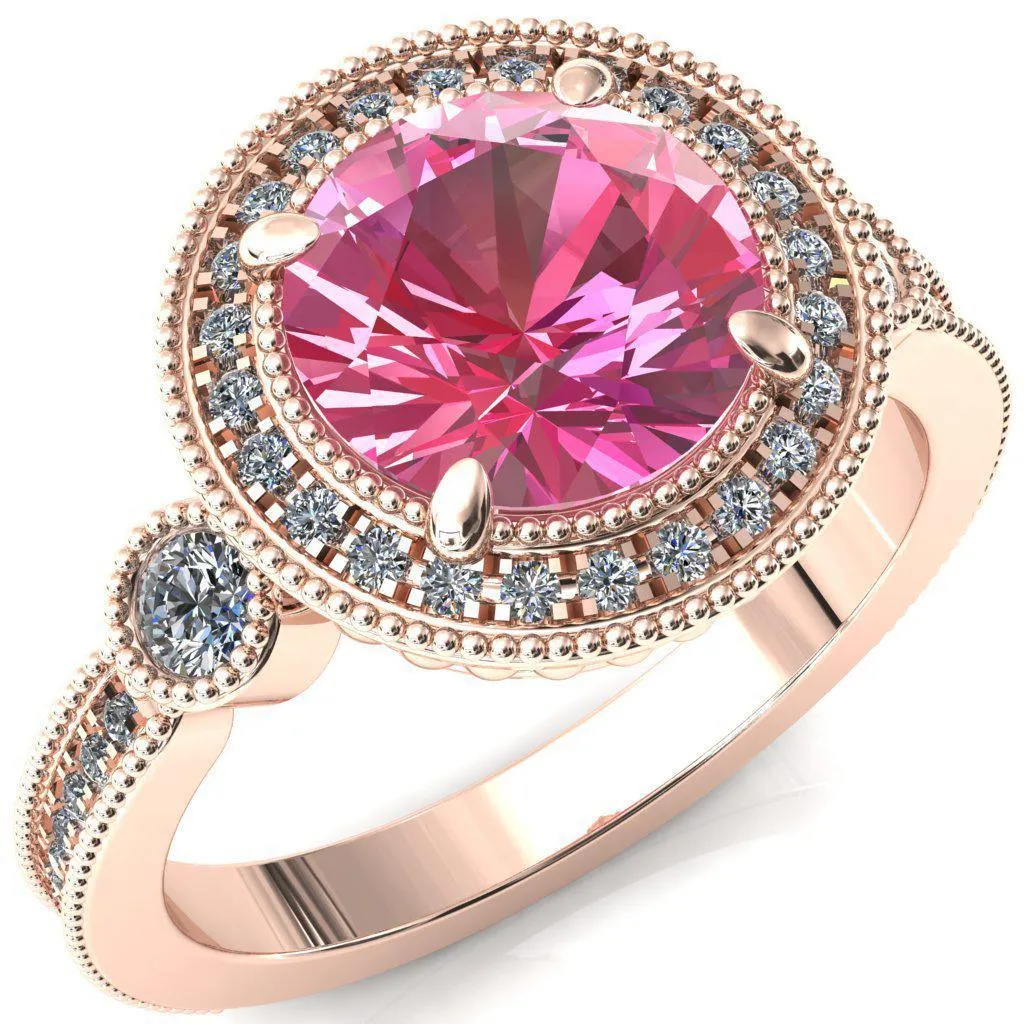 Brachium Round Pink Sapphire 4 Claw Prong Diamond Halo 3/4 Micro Channel Engagement Ring